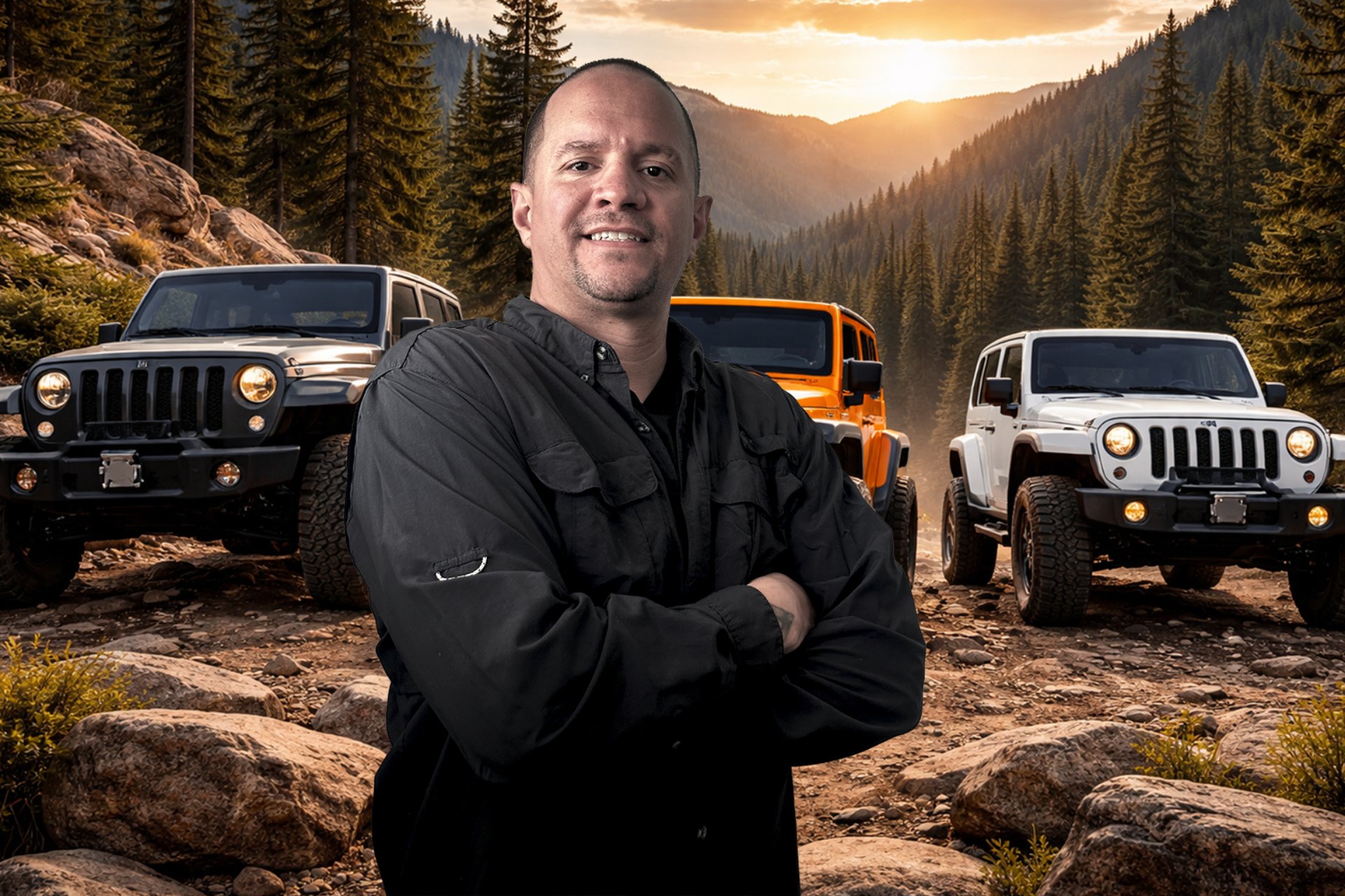 Tony, Jeep Wrangler water leak expert, standing in front of three Jeep Wranglers on a mountain trail